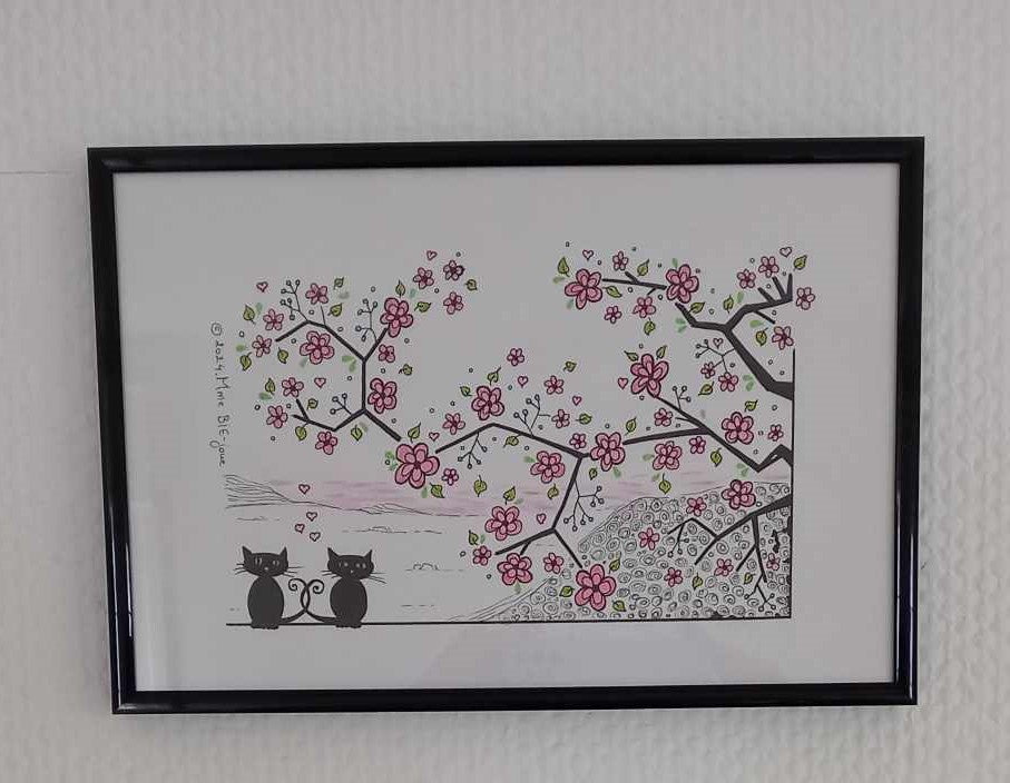 Tekening 'Black Cats in Love', origineel - ingekaderd